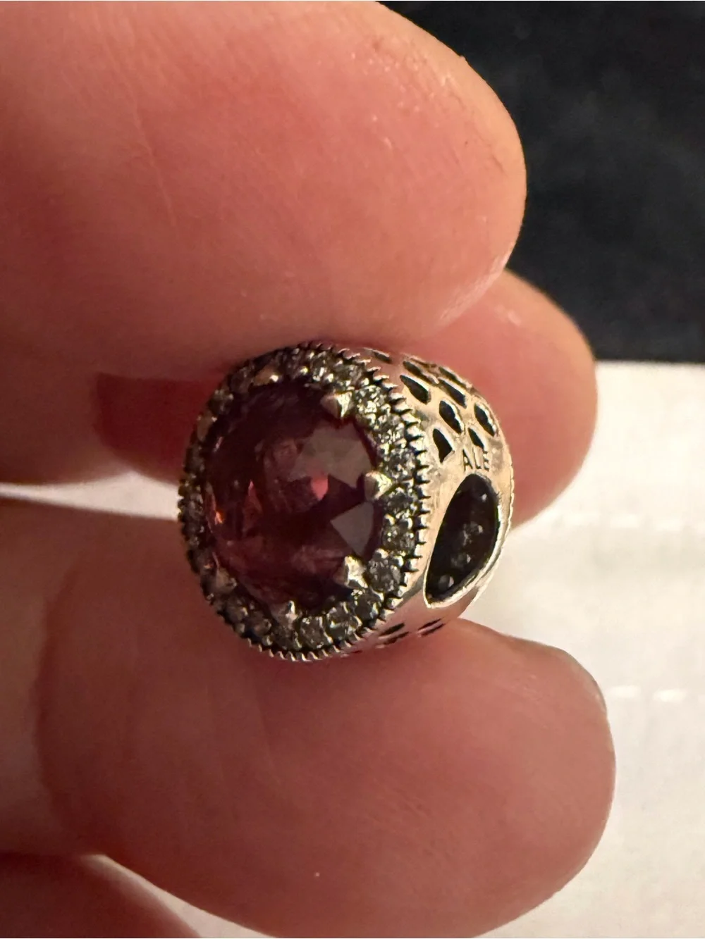 Pandora Sterling Silver Round Pink Crystal Charm with Clear Pavé Halo